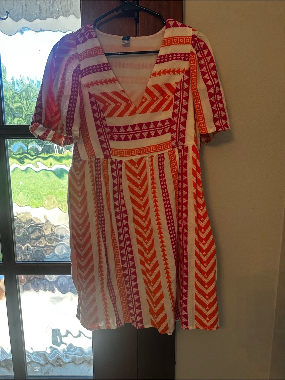 Old Navy White Dress with Pink and Orange Geometric Print